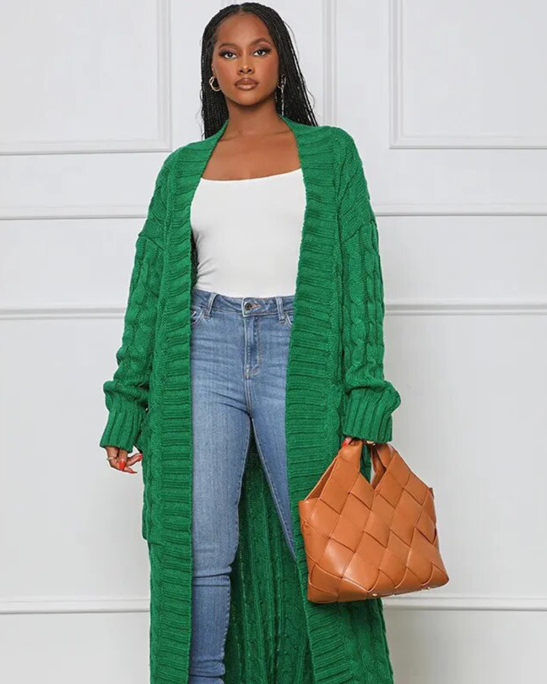 Long Knitted Cardigan V Neck Trench Coat Green S 