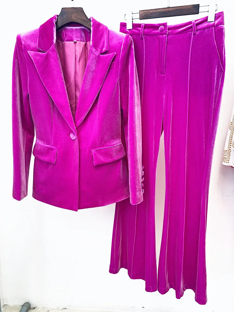 Brown Velvet Blazer & Flared Pants Light Purple S