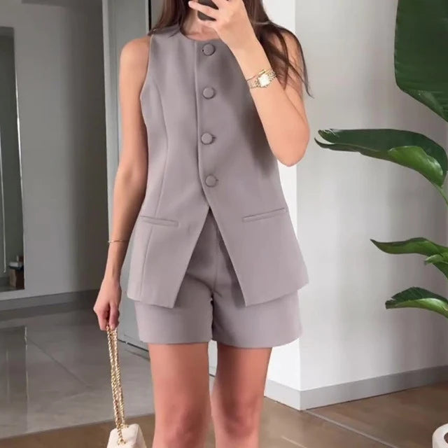 Suit Vest and High Waist Short Set Deep Gray XS