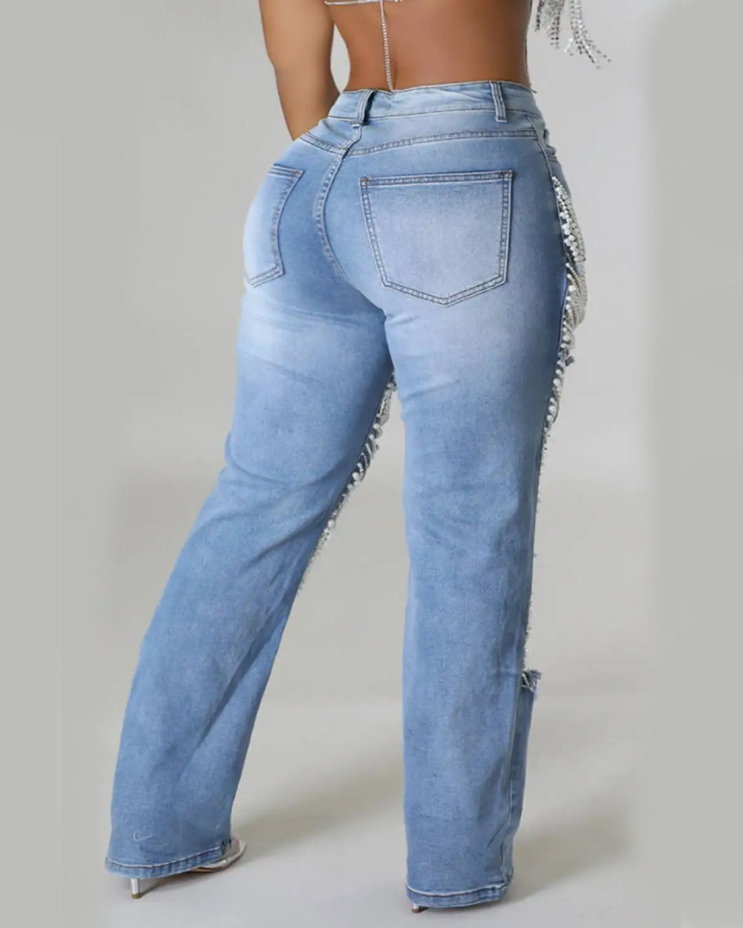 Plus Size Pearls Cutout Jeans Trousers   