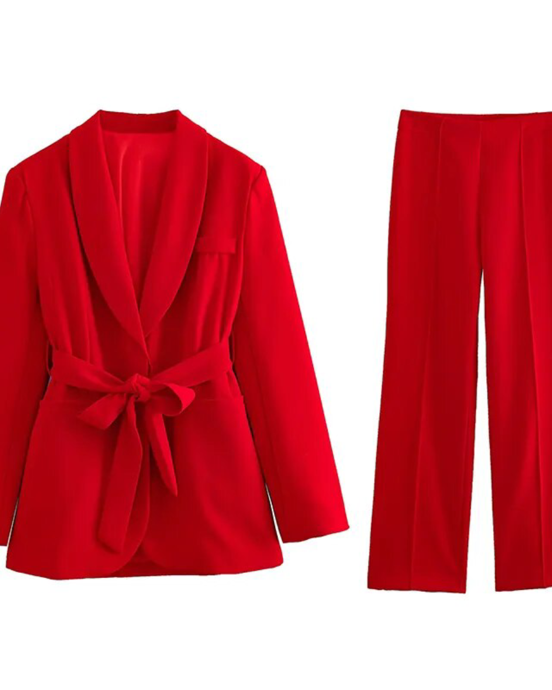 Belted Blazer Top & Pants Set Red Set XS 