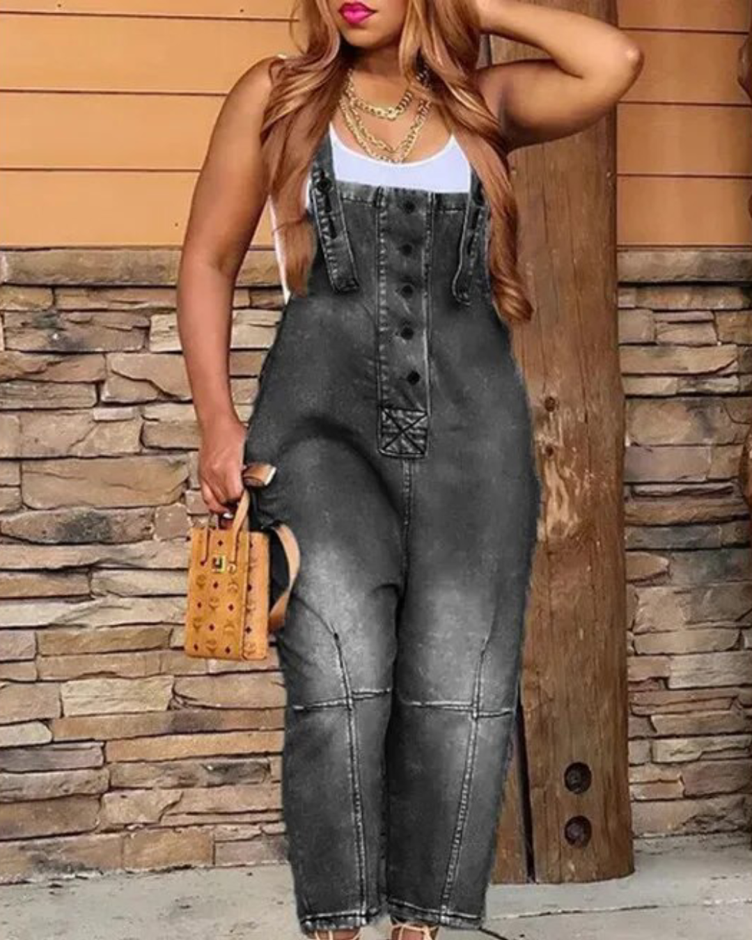 Pocket Design Buttoned Denim Jumpsuit Black S 