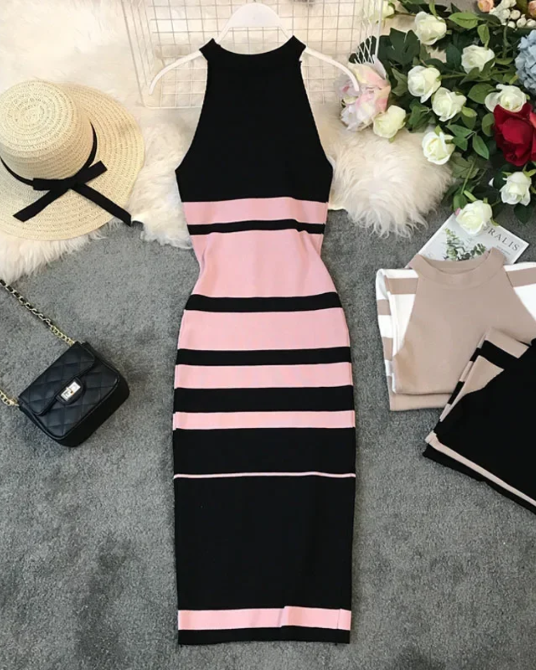 Knitted Round Neck Stripes Dress Pink One Size 