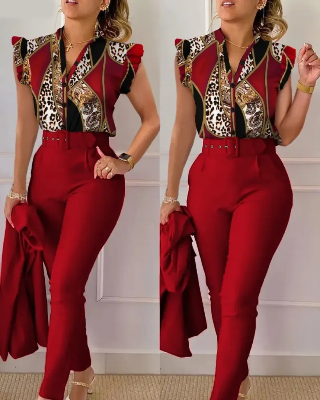 Floral Print Shirt and High Waist Pants with Belt   