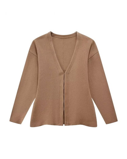 V-Neck Cardigan and High Waist Mini Skirts Brown Top M 