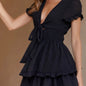 Deep V-Neck Tunic Waist Short Sleeve Black XL