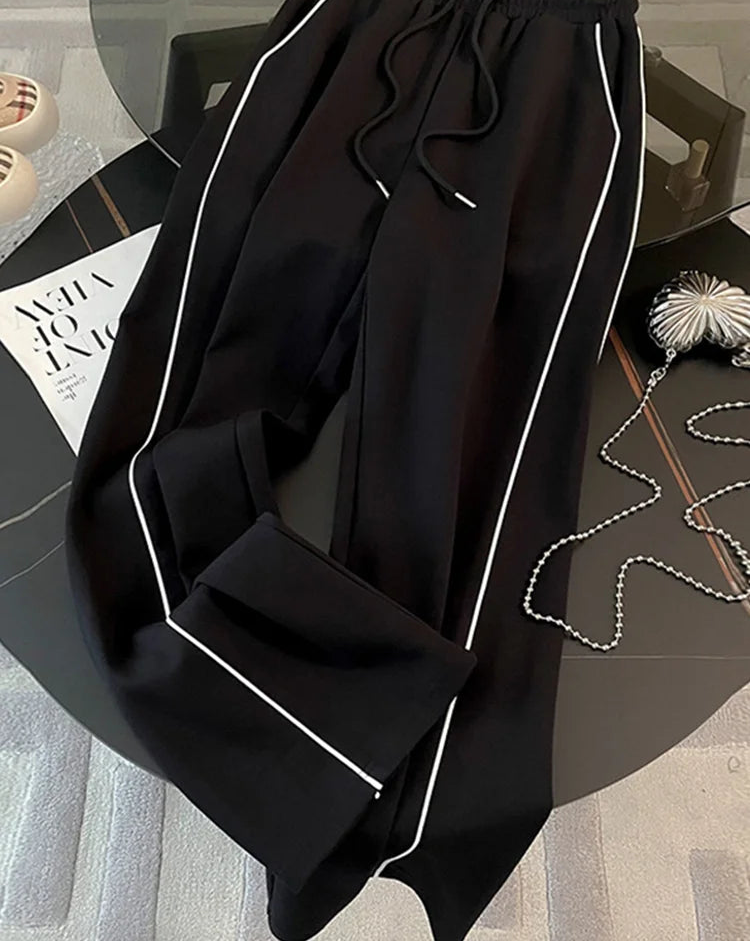 Cozy Striped Contrast Sweatshirt Pants Set Women Casual Lapel Full Sleeve Zipper Tops Long Trousers 2025 Autumn Lady Sportswear