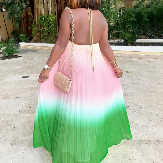 Ombre Halter Maxi Pleated Dress