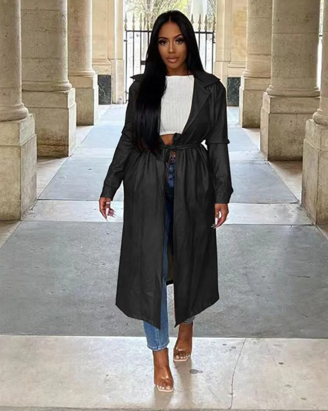 Long Belted Trench Coat Black S 