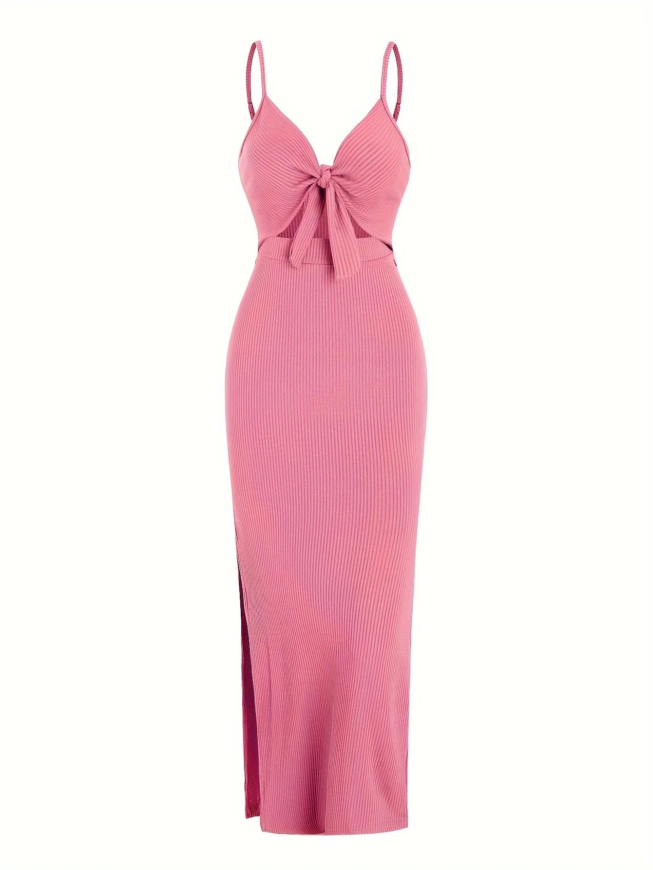 Sexy Ribbed Maxi Dress with Side Split Pink XS