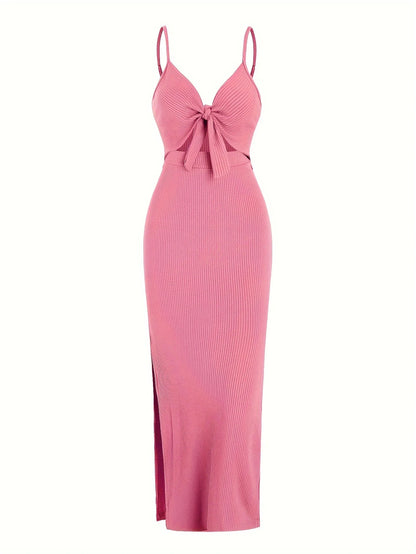 Sexy Ribbed Maxi Dress with Side Split Pink XS