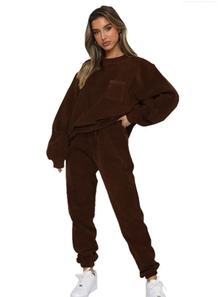 Women's 2-Piece Corduroy Solid Color Pullover with Long Sleeves