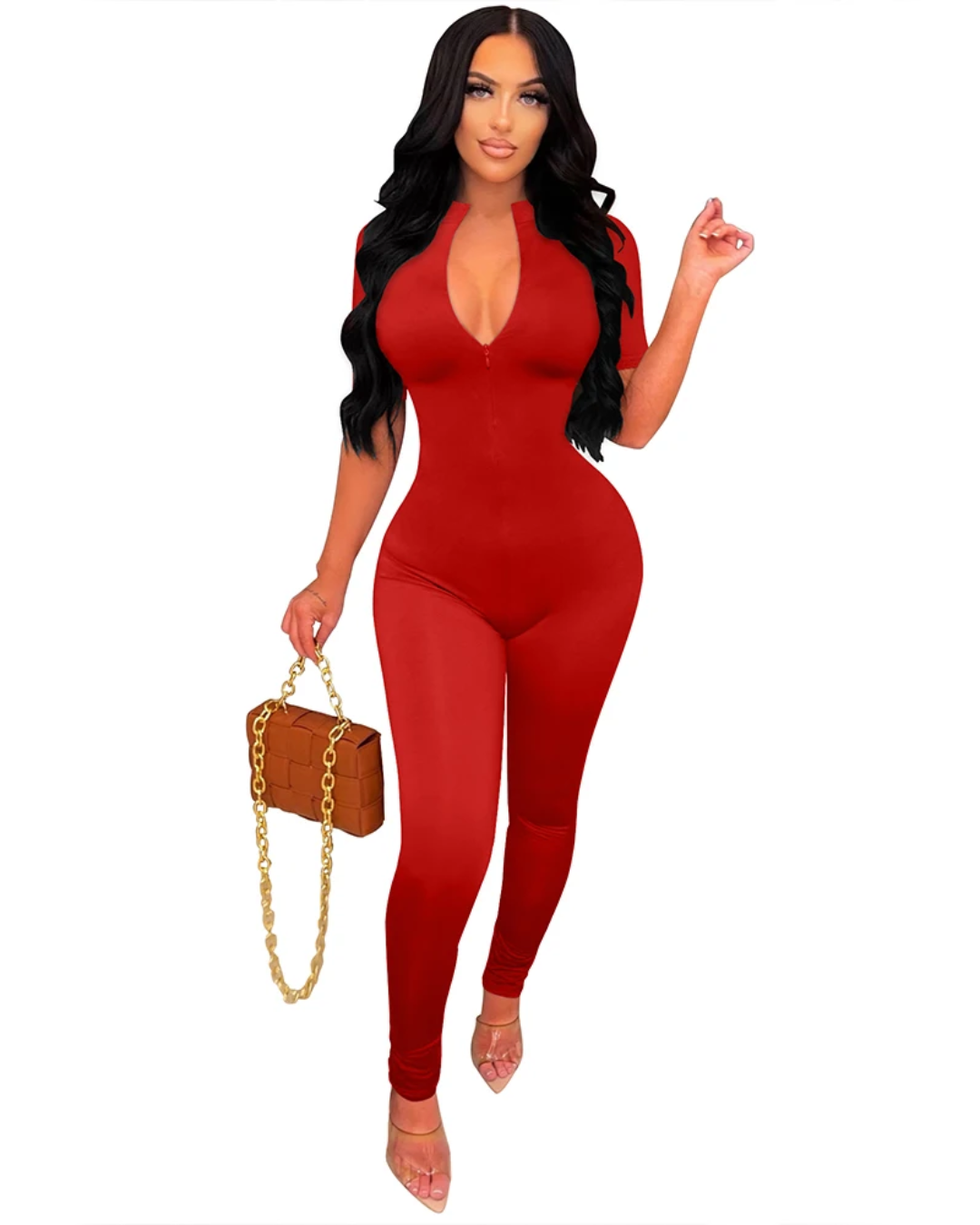 Short Sleeve V-Neck Jumpsuit Red S 