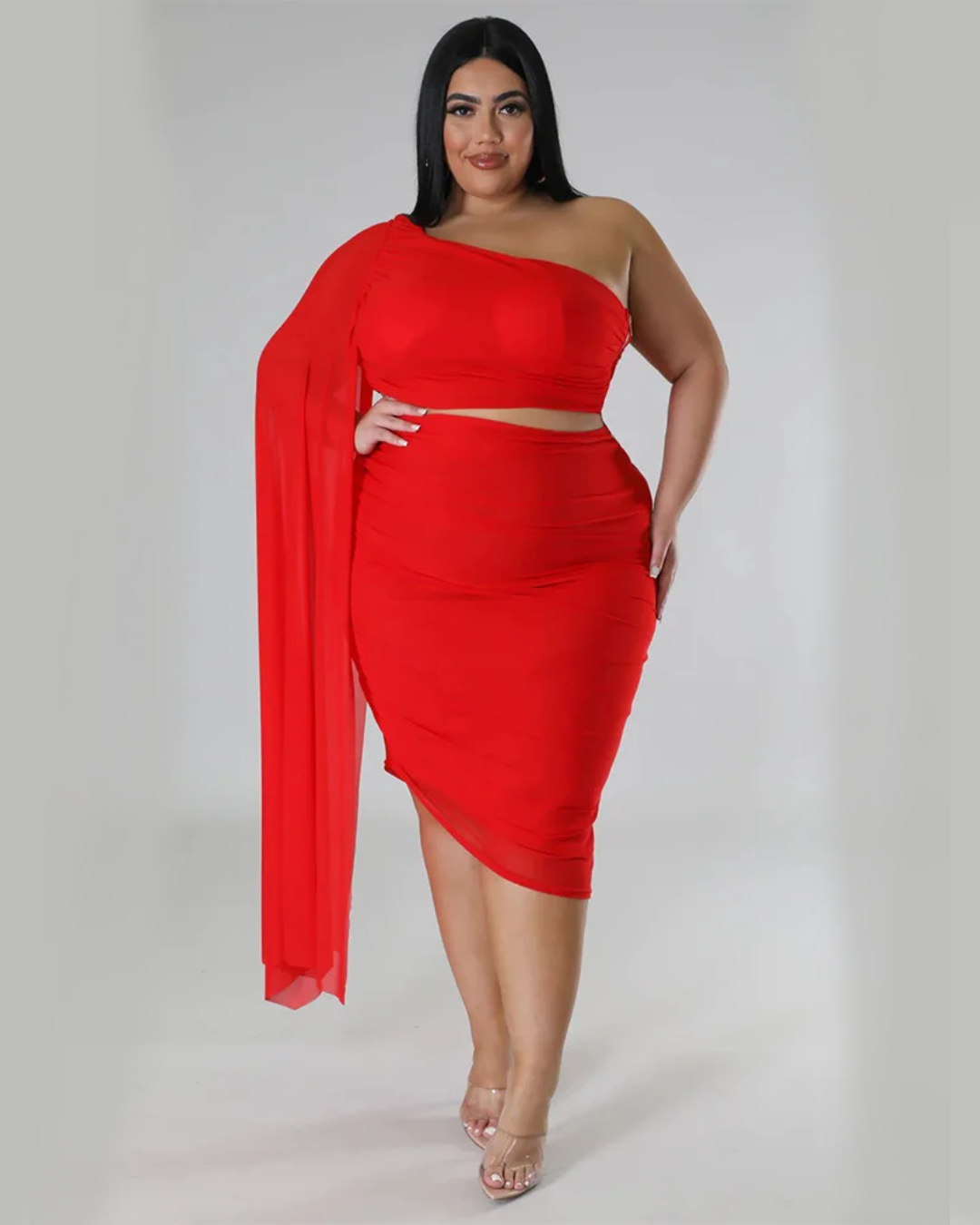 Plus Size Single Sleeve Crop-Top Two Piece Set   