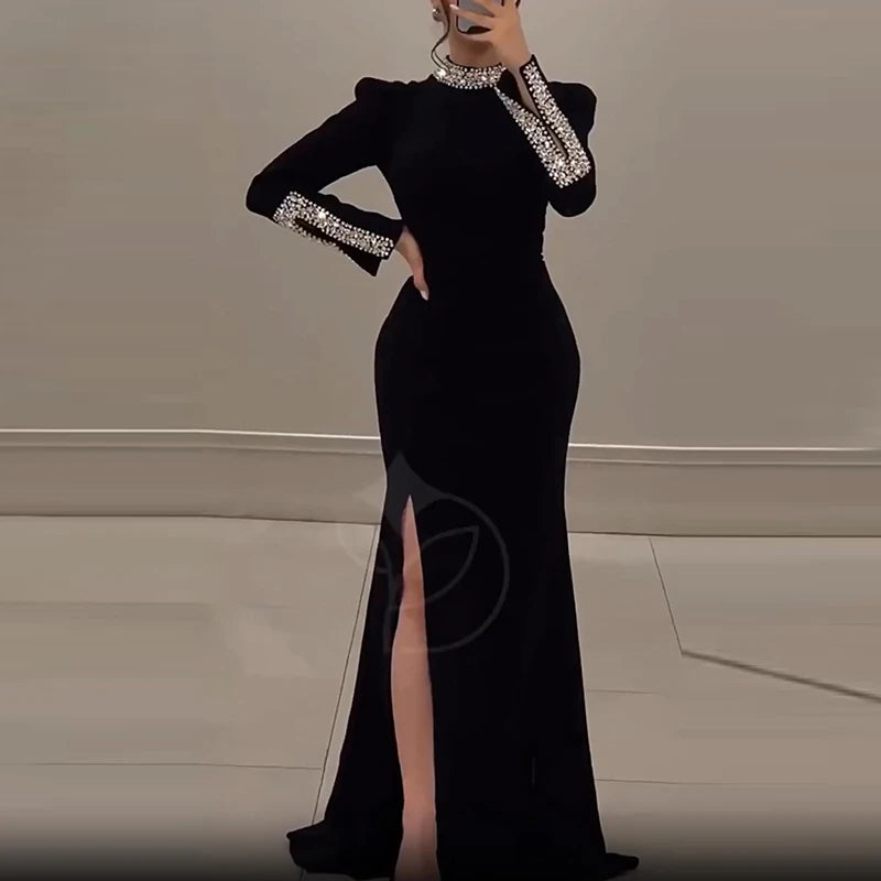 Elegant Vintage Shiny Rhinestone Turtleneck Dress