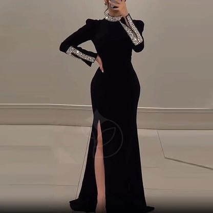 Elegant Vintage Shiny Rhinestone Turtleneck Dress