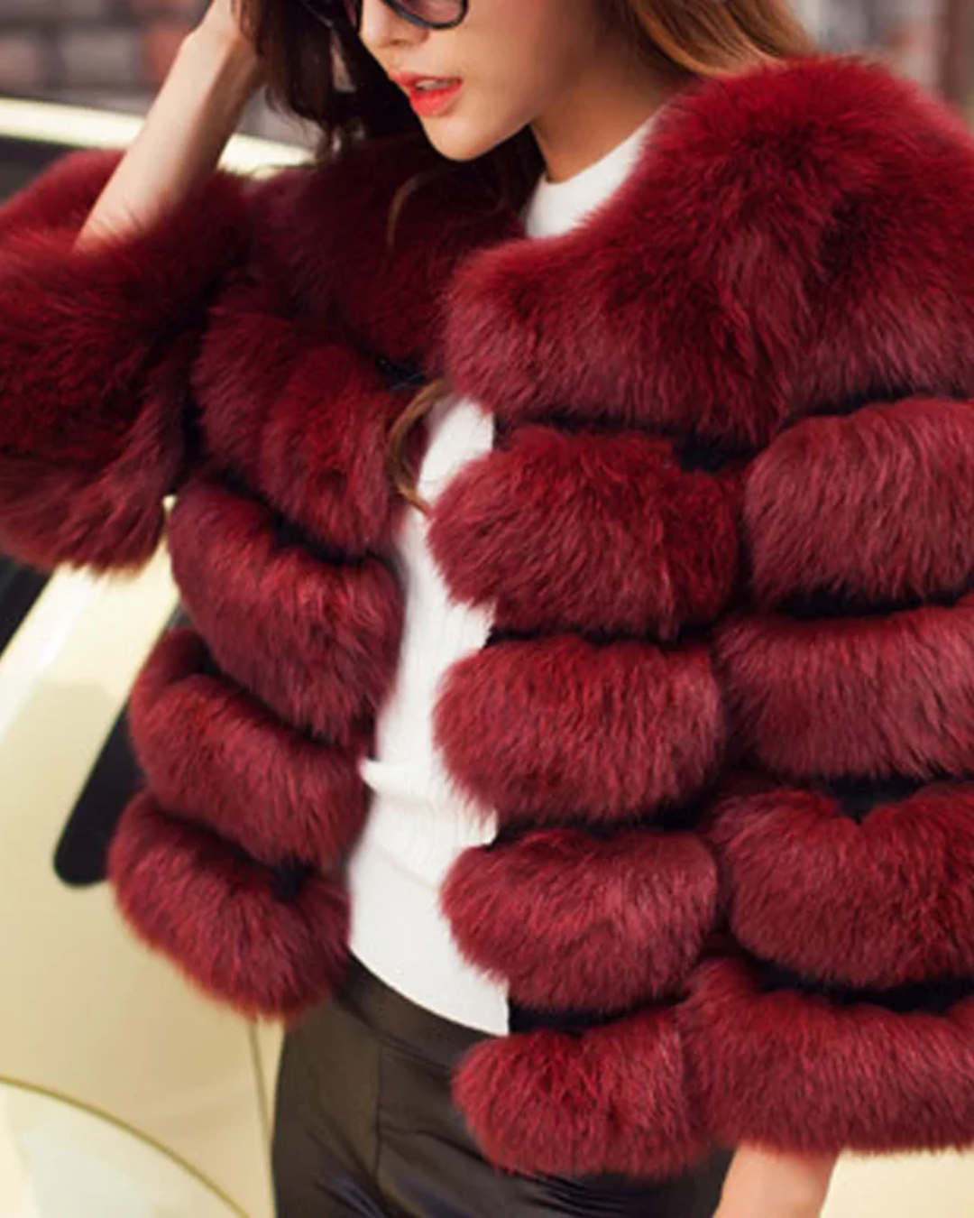 Loose Plush Faux Fur Jacket Wine Red S 