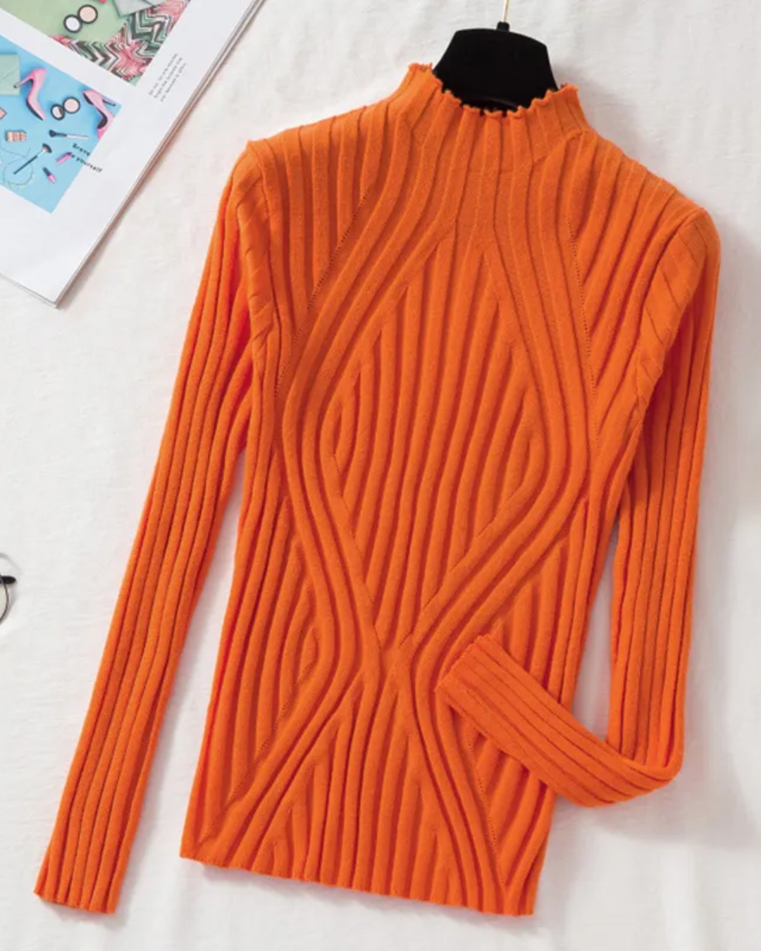 Half Turtleneck Long Sleeve Knitted Sweater Orange One Size 