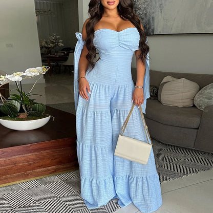 Backless Belted Off Shoulder Wide Leg Jumpsuits Blue S