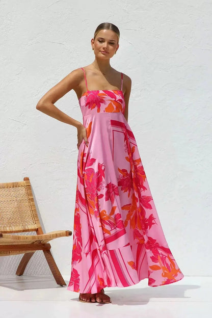 Sexy Off-Shoulder Backless Print Gown L Orange-Red