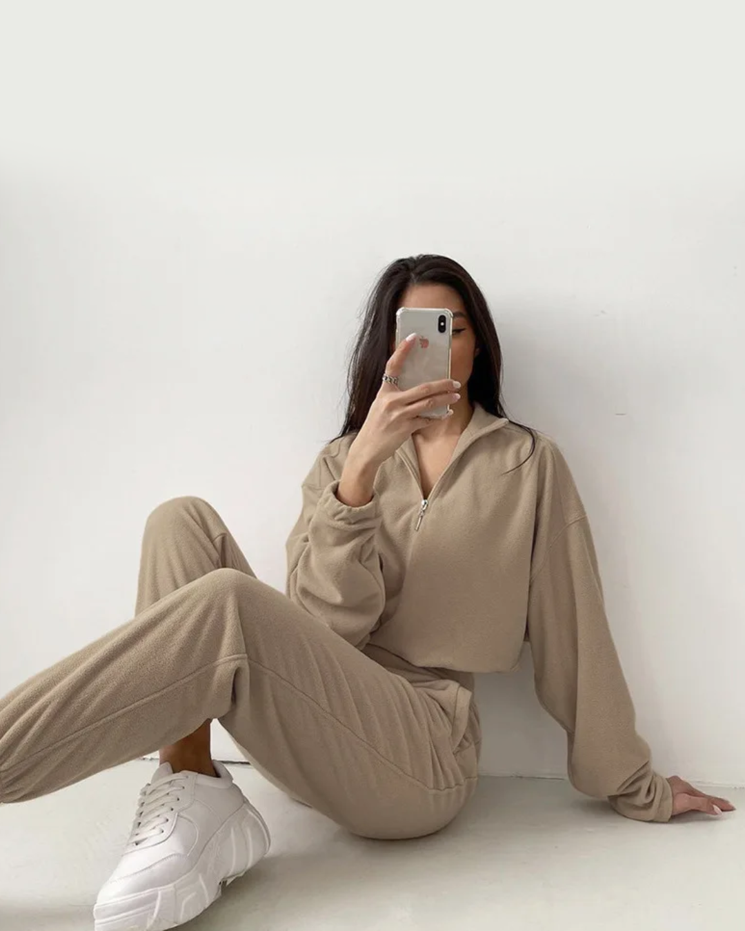 Zipper Sweatshirts and Sweatpants Two Piece Set Khaki S 