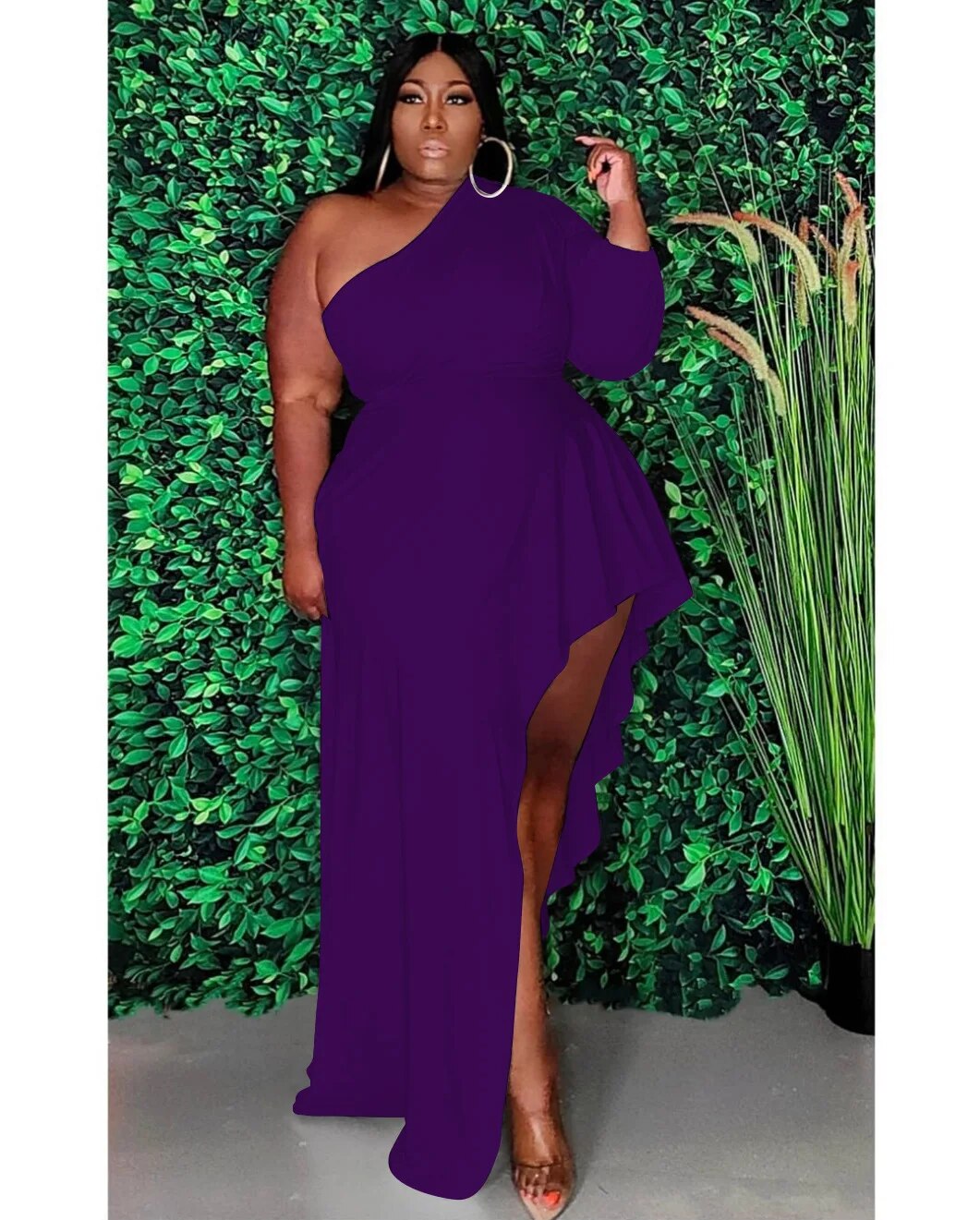 Plus Size One Shoulder Ruffle Dress Purple XL 