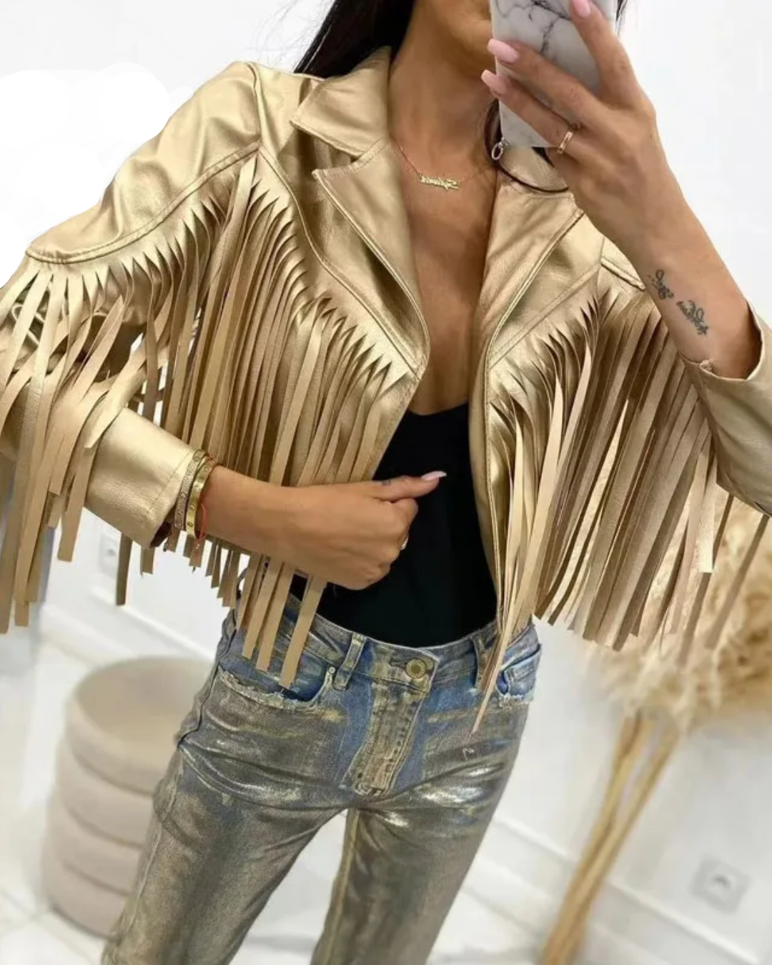 Faux Leather Cropped Tassel Jacket Gold S 