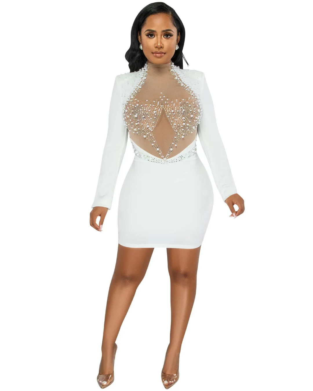 Pearl Mesh Bodycon Dress White S 