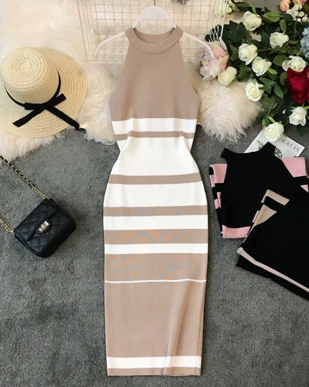 Knitted Round Neck Stripes Dress White One Size 