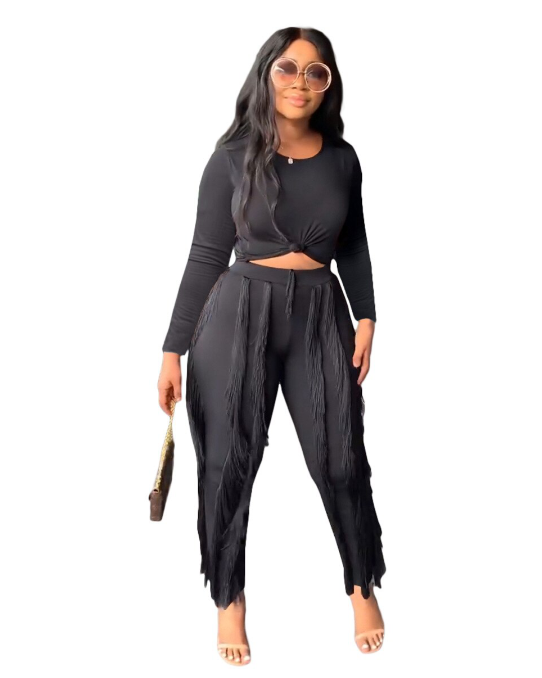 Tassel Knitted Two Piece Set Black S 