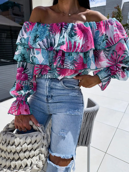 Boho Floral Off-Shoulder Long Sleeve Blouse Light Pink S