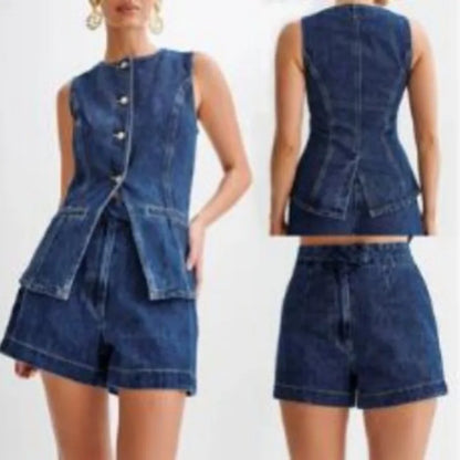 Casual Sleeveless High Waist Denim Shorts Set