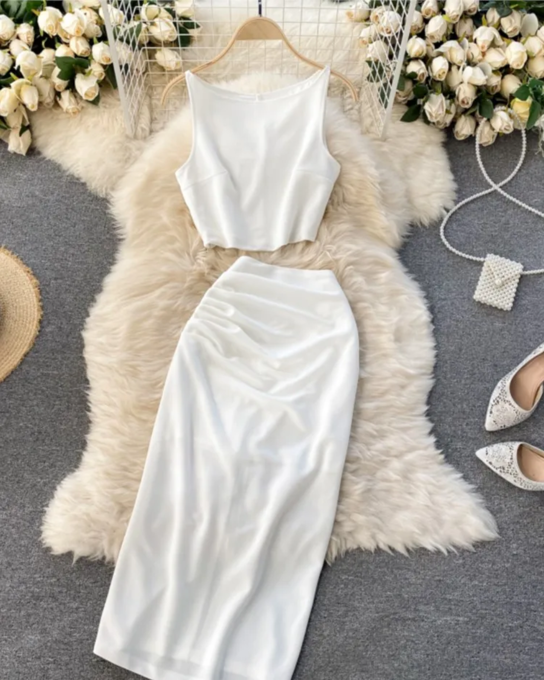 Slim Skirt Two Piece Suit White S 