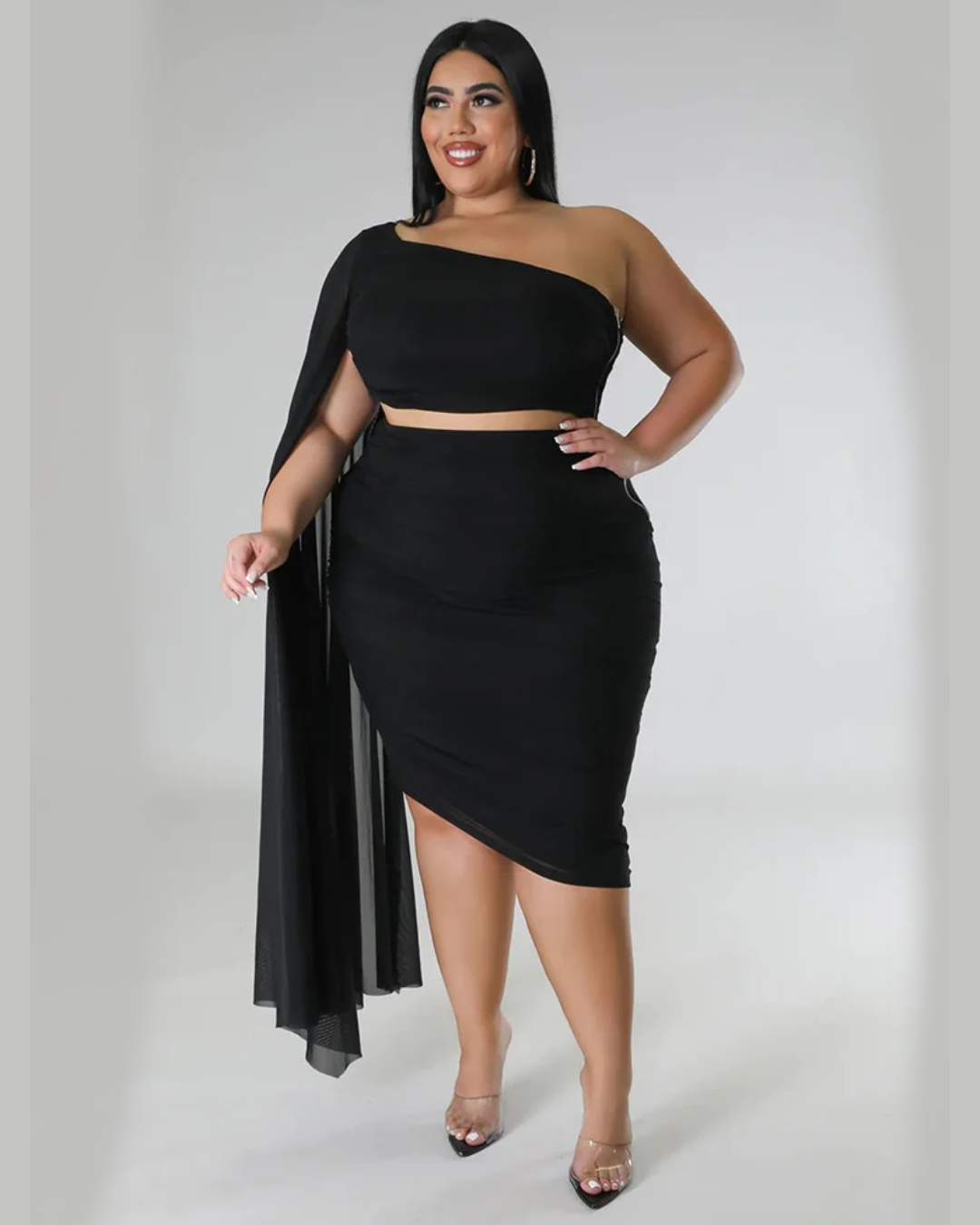 Plus Size Single Sleeve Crop-Top Two Piece Set   