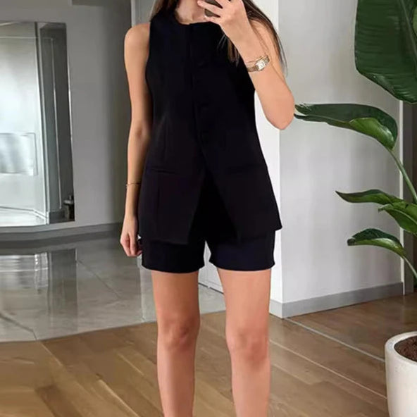 Suit Vest and High Waist Short Set Black XS