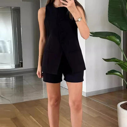 Suit Vest and High Waist Short Set Black XS