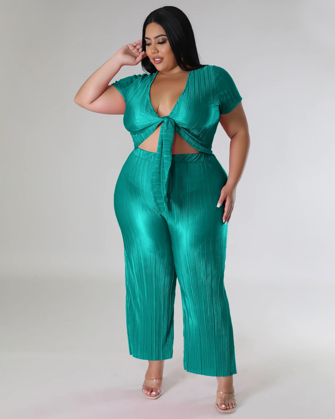 Plus Size Pleated V Neck Two Piece Set Green L 