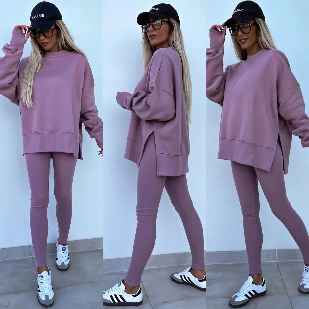 Long Sleeve O-Neck Pullover Sweatshirt 2-Piece Outfit Lavender L