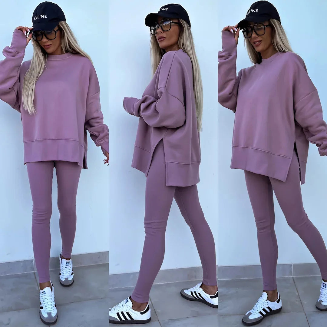 Long Sleeve O-Neck Pullover Sweatshirt 2-Piece Outfit Lavender L