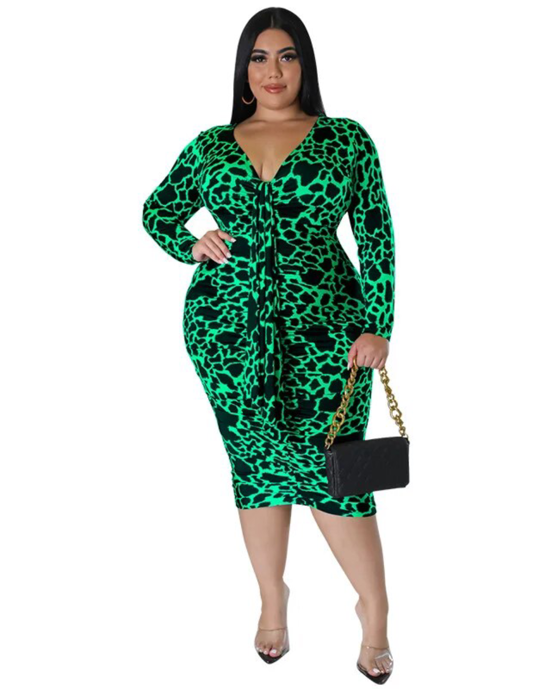 Plus Size Printed Long Sleeve Dress Green XL 