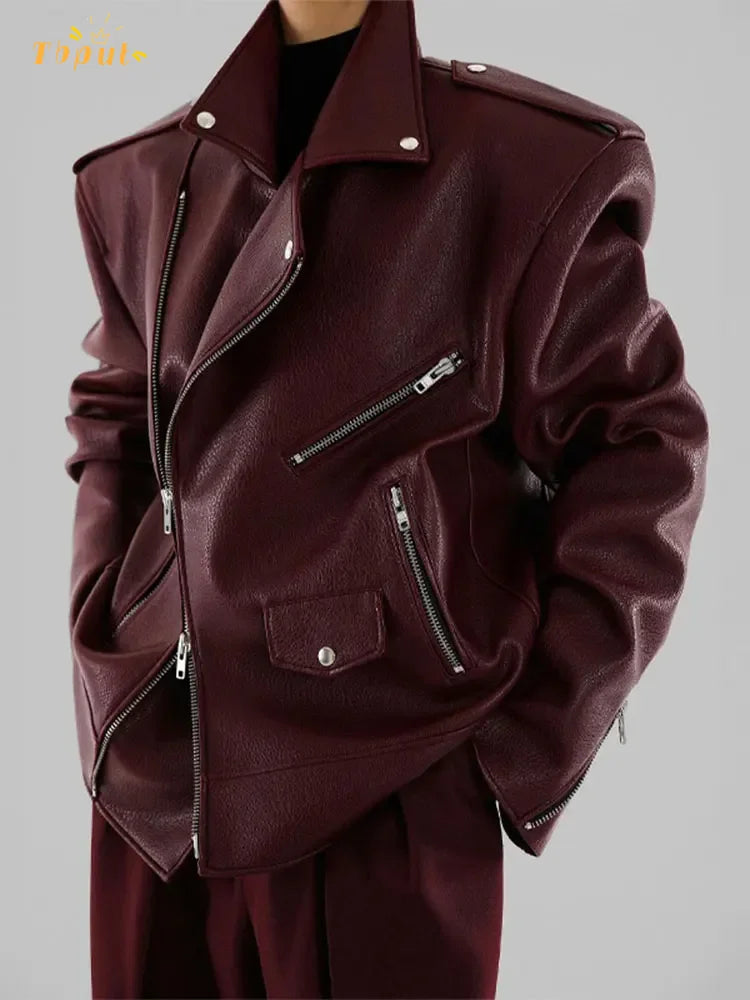 Long Sleeved Double Zipper PU Burgundy Vintage Leather Jacket Coat