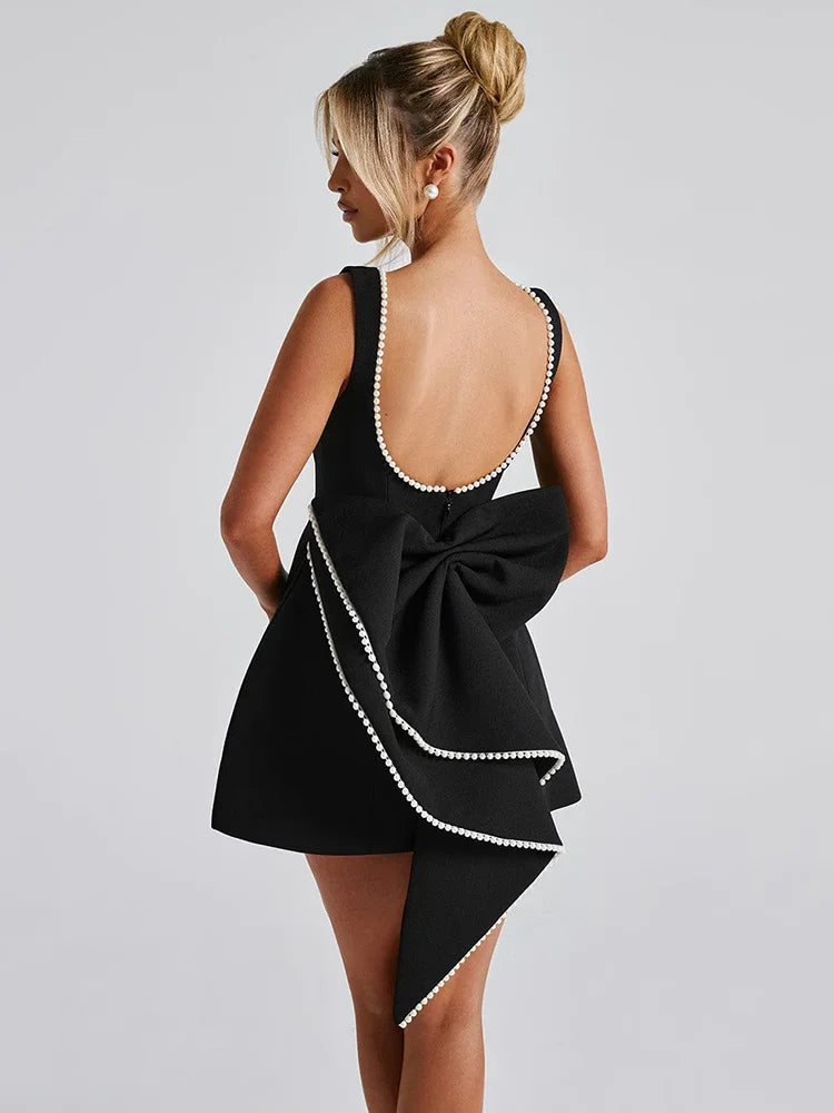 Pearl Bow Backless Sexy Mini Dress