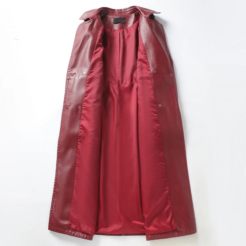 Wine Red Double Breasted Belt Lambskin Sheepskin Trench Coat