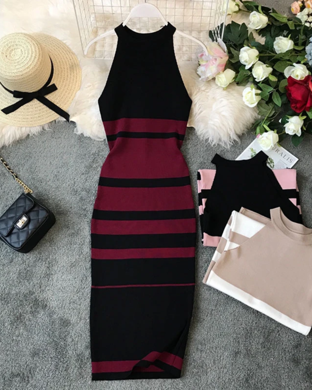 Knitted Round Neck Stripes Dress Red One Size 