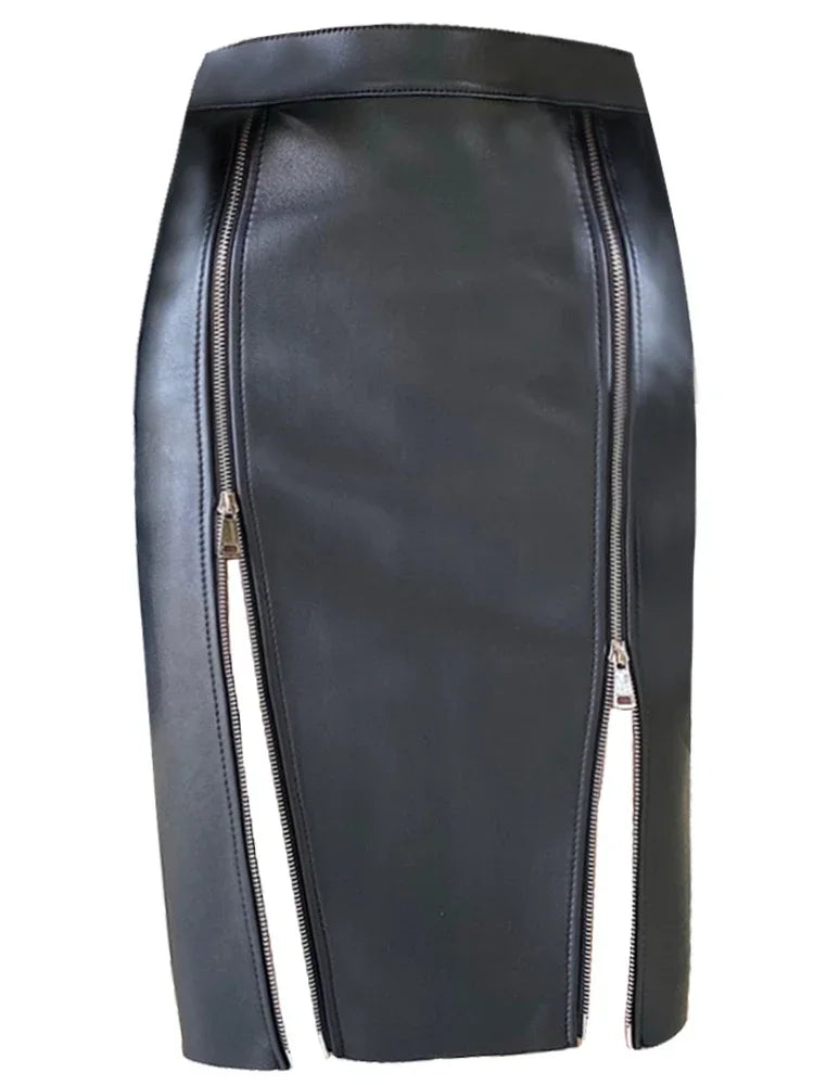 Double Zip Matte PU Vintage Black Faux Leather Midi Skirt