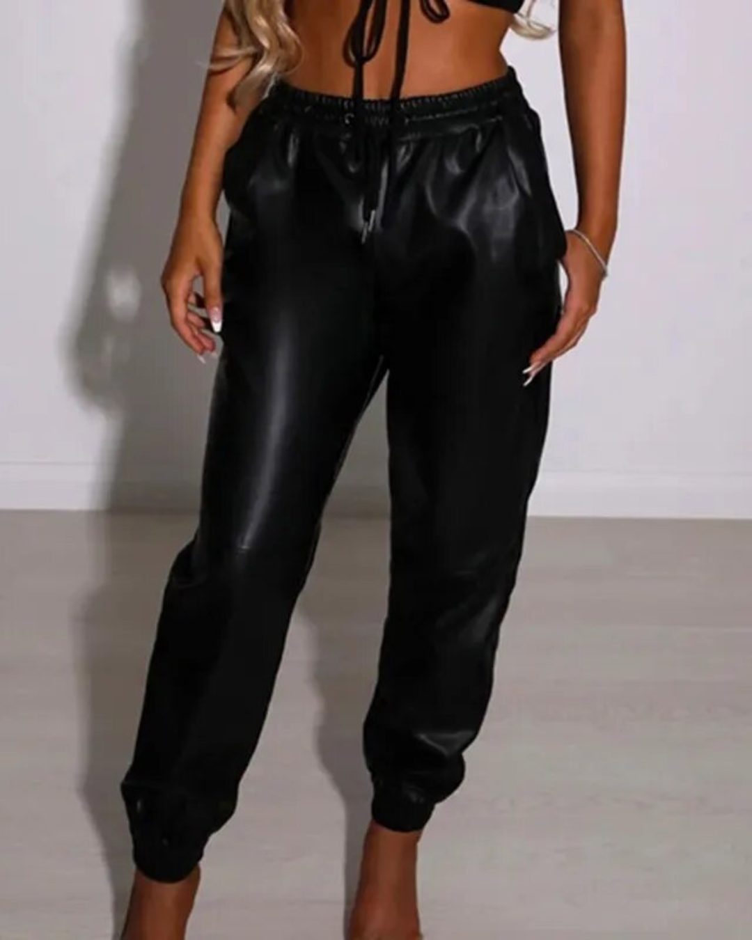 High Waist Loose Leather Pants Black S 