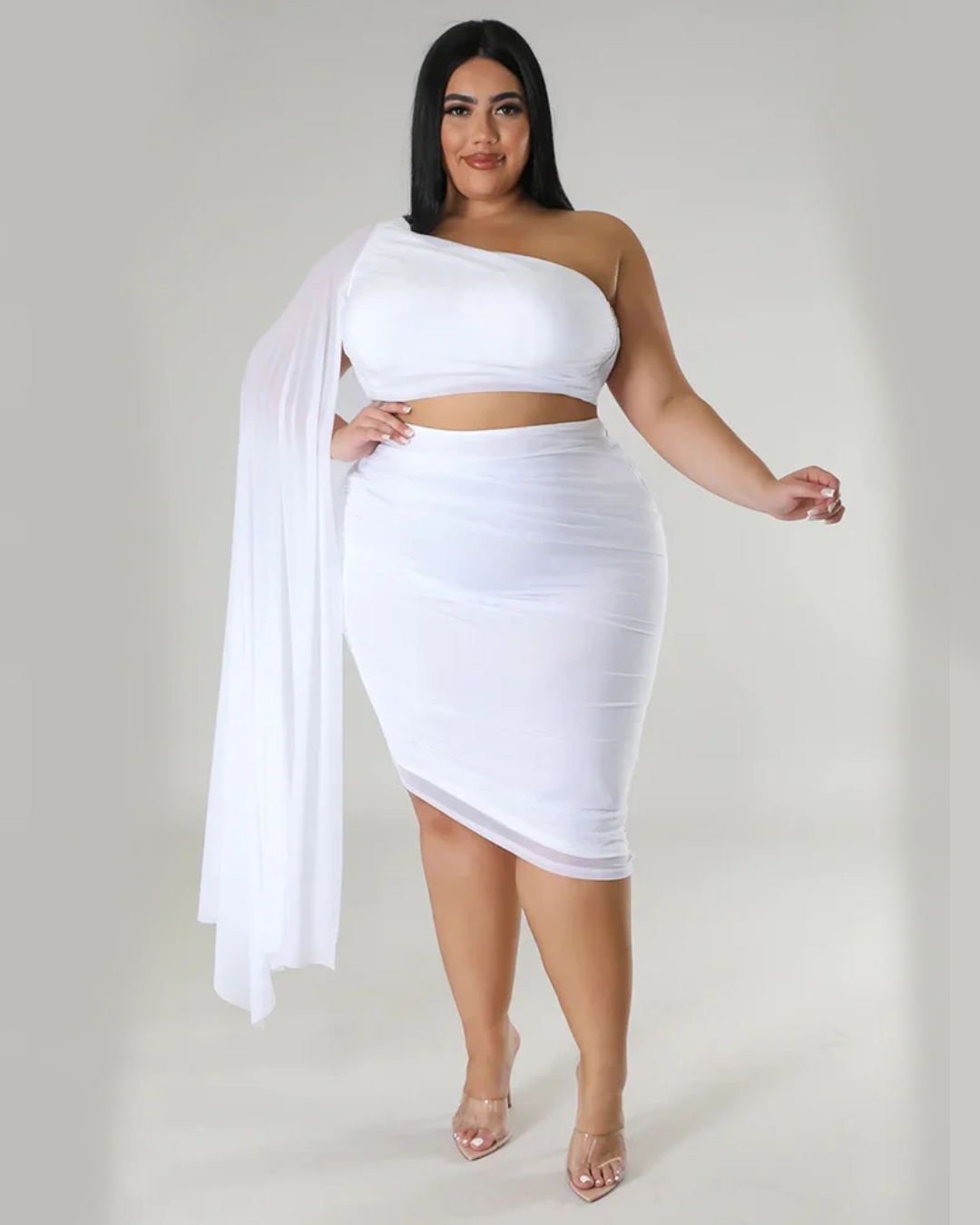 Plus Size Single Sleeve Crop-Top Two Piece Set   