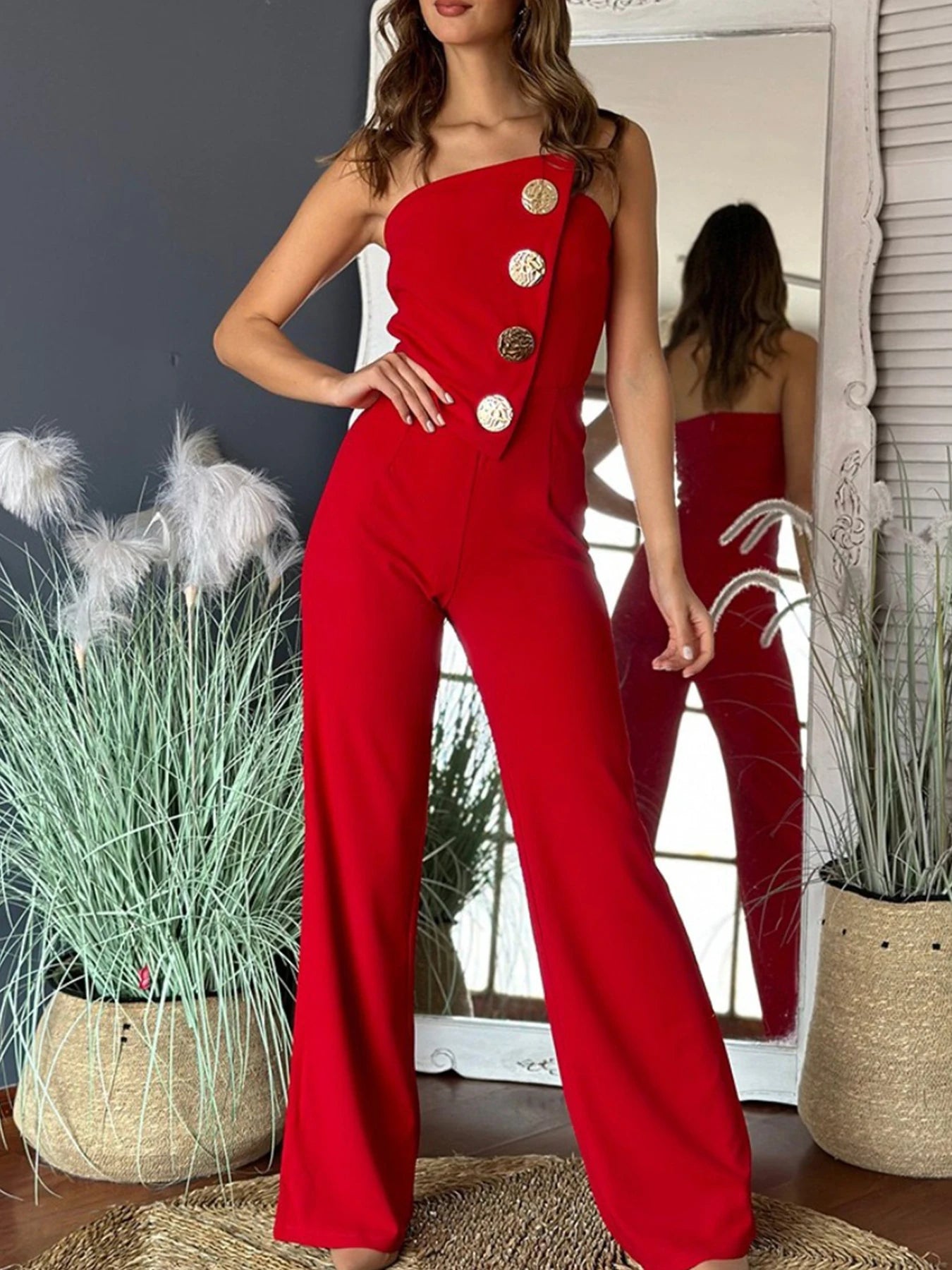 Red Strapless Big Button Jumpsuit