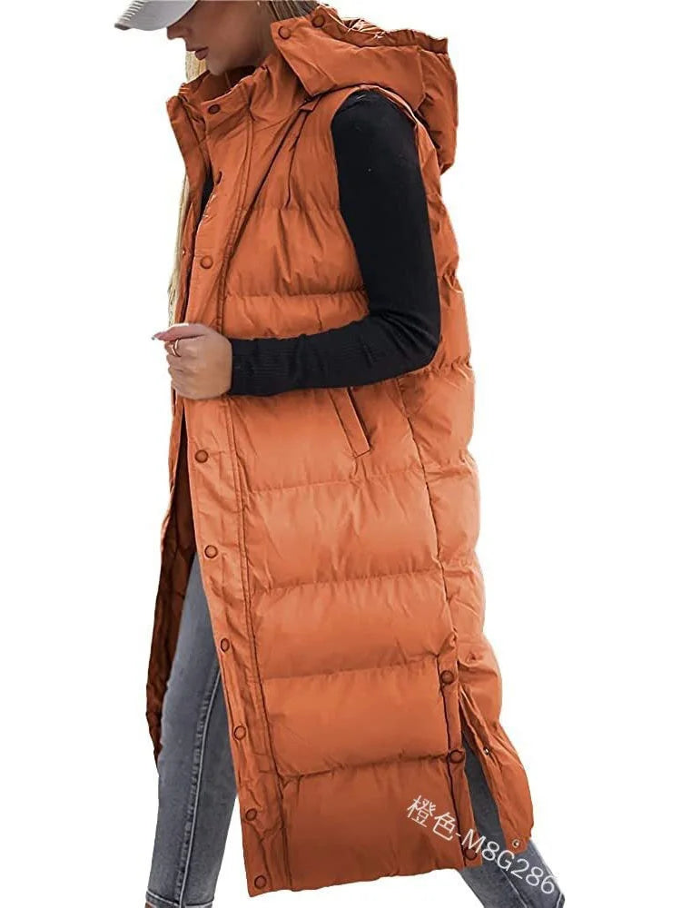 Long Hooded Sleeveless Puffer Jacket Orange red S
