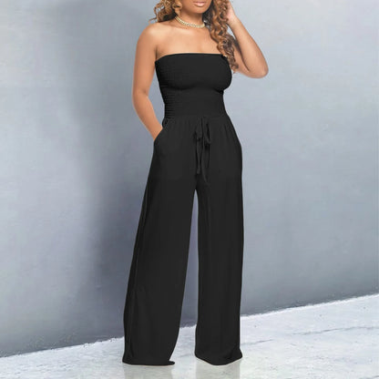 Strapless Ruched Wide-Leg Romper Black S